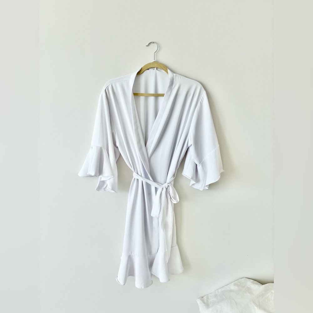 White Ruffle Sleeve Bridal Robe | Satin Wrap Kimono | S/M/L